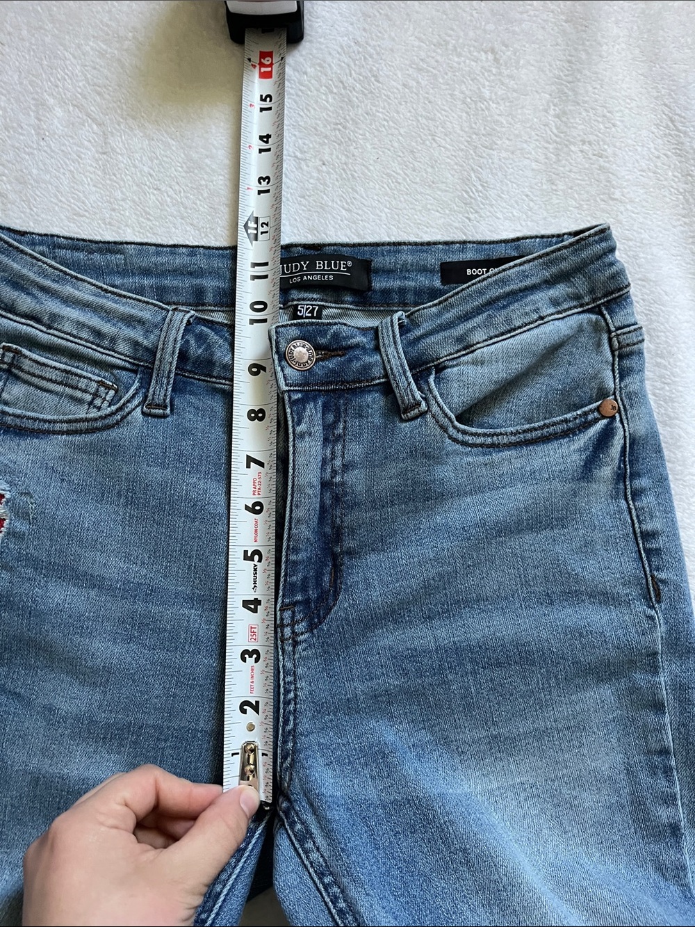 Judy Blue Light Blue Distressed Straight Leg Jeans with Red Patch Accents - Picture 5 of 7